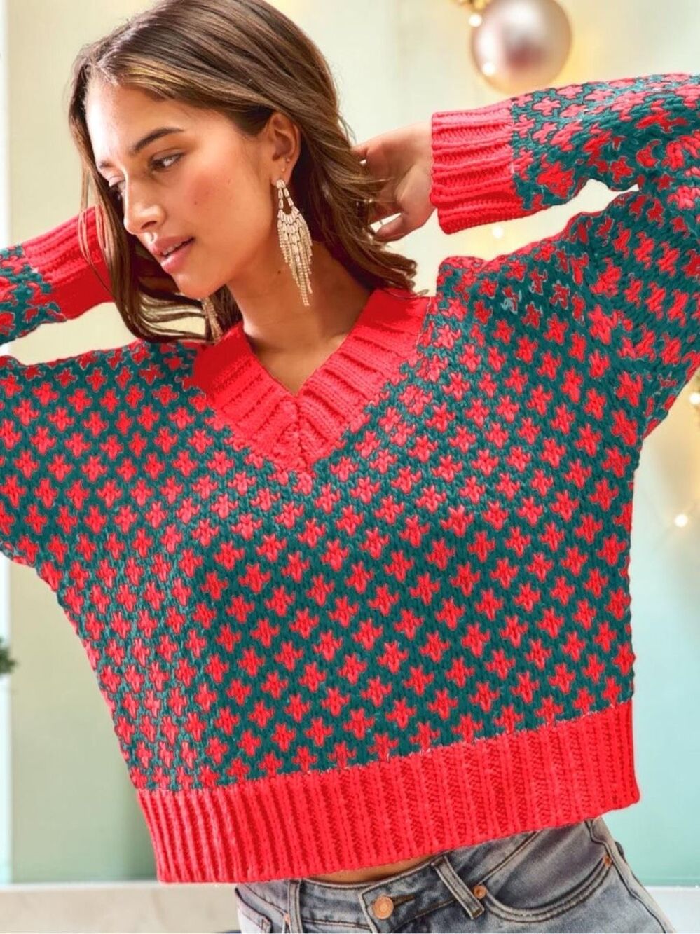 SO ME Christmas Sweater Red Green Oversized V Neck Chunky Knit Holiday NEW - Picture 6 of 11